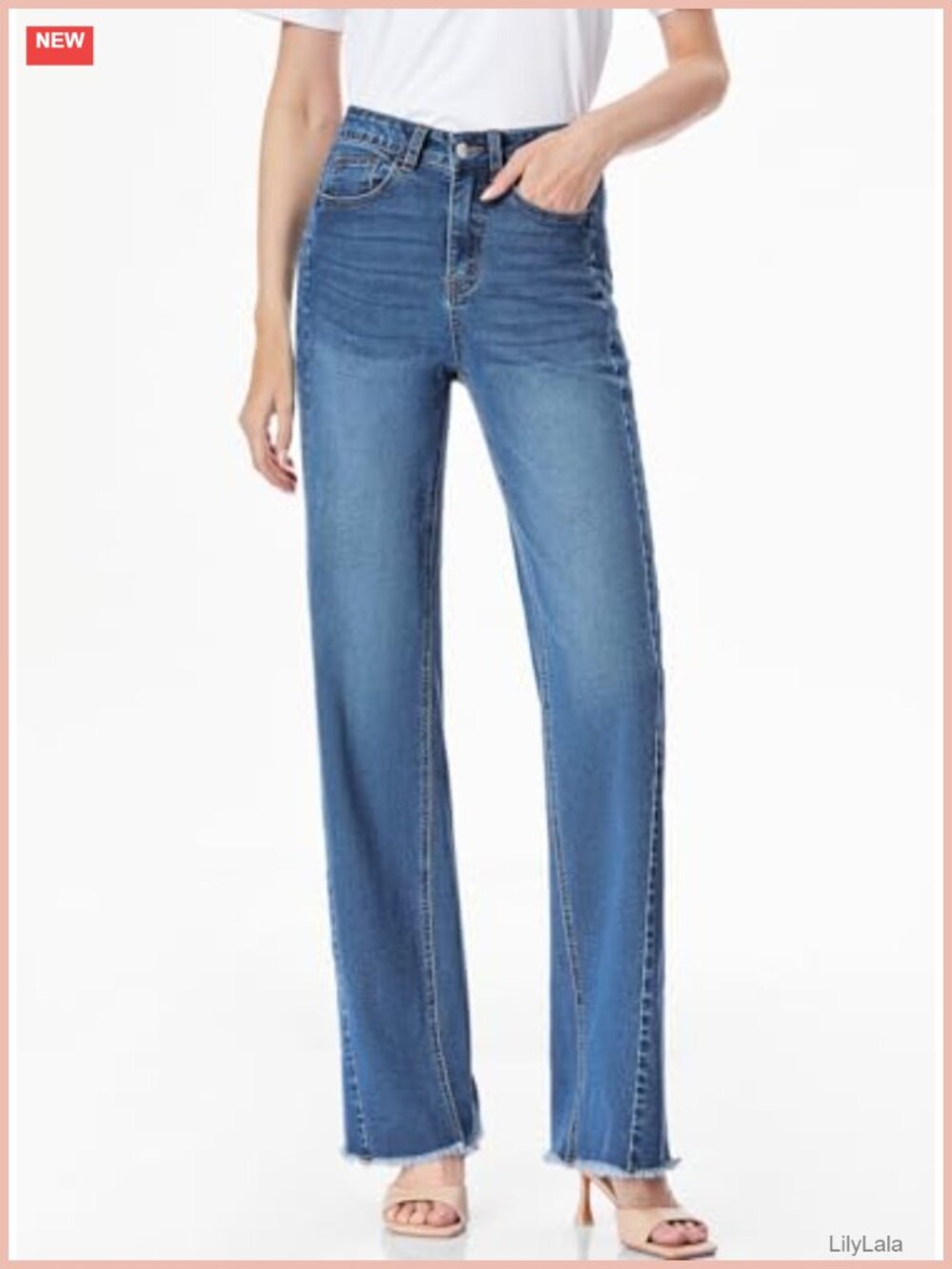 Women's Wide Leg Jeans High Waisted Stretchy Raw Hem Denim Pants - Picture 4 of 6